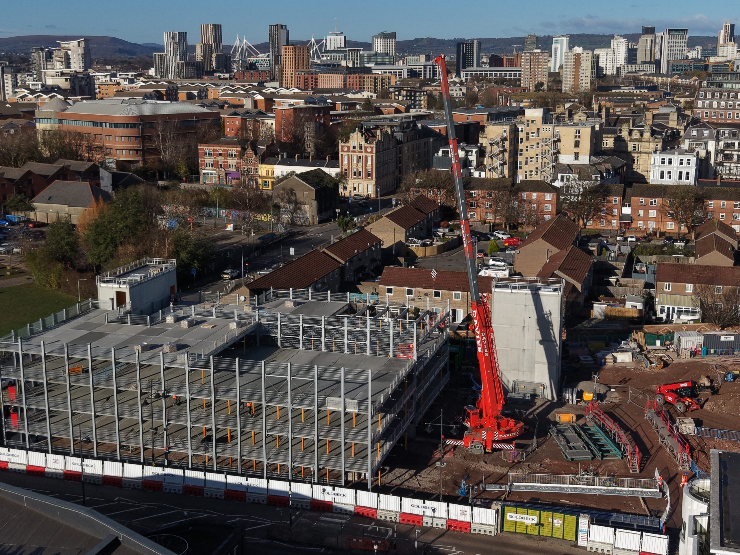 Aerial view of a commercial construction site during construction in South Wales