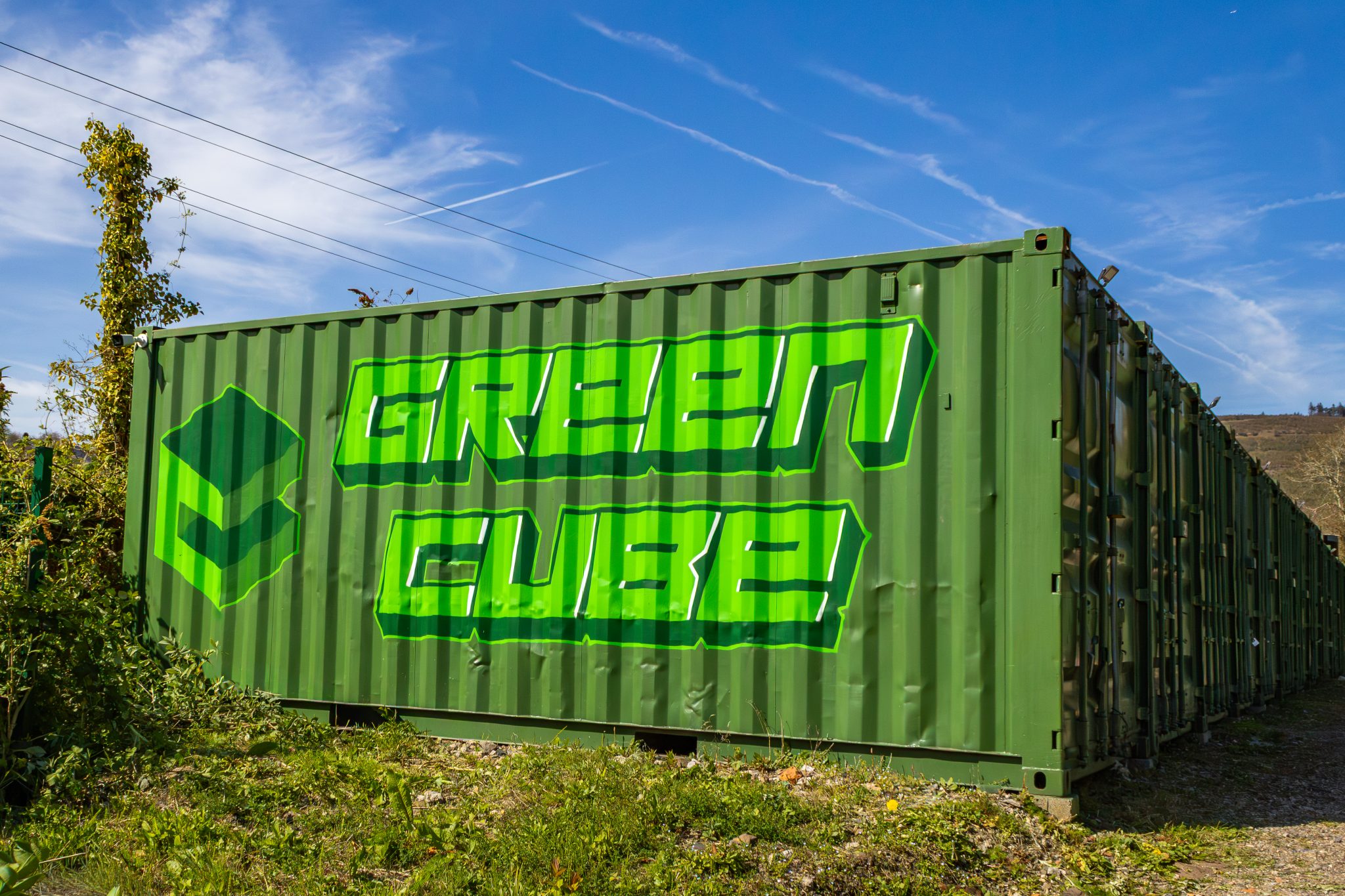Branded Greencube Storage containers at commercial storage facility in South Wales