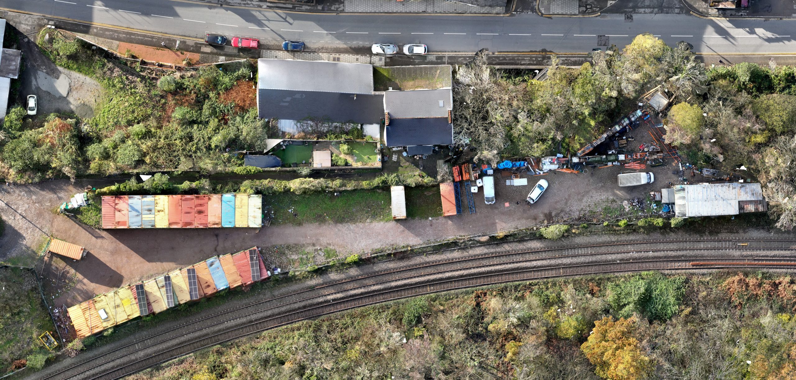 Aerial overview of Greencube Storage site showing operational yard layout and surrounding environment in South Wales