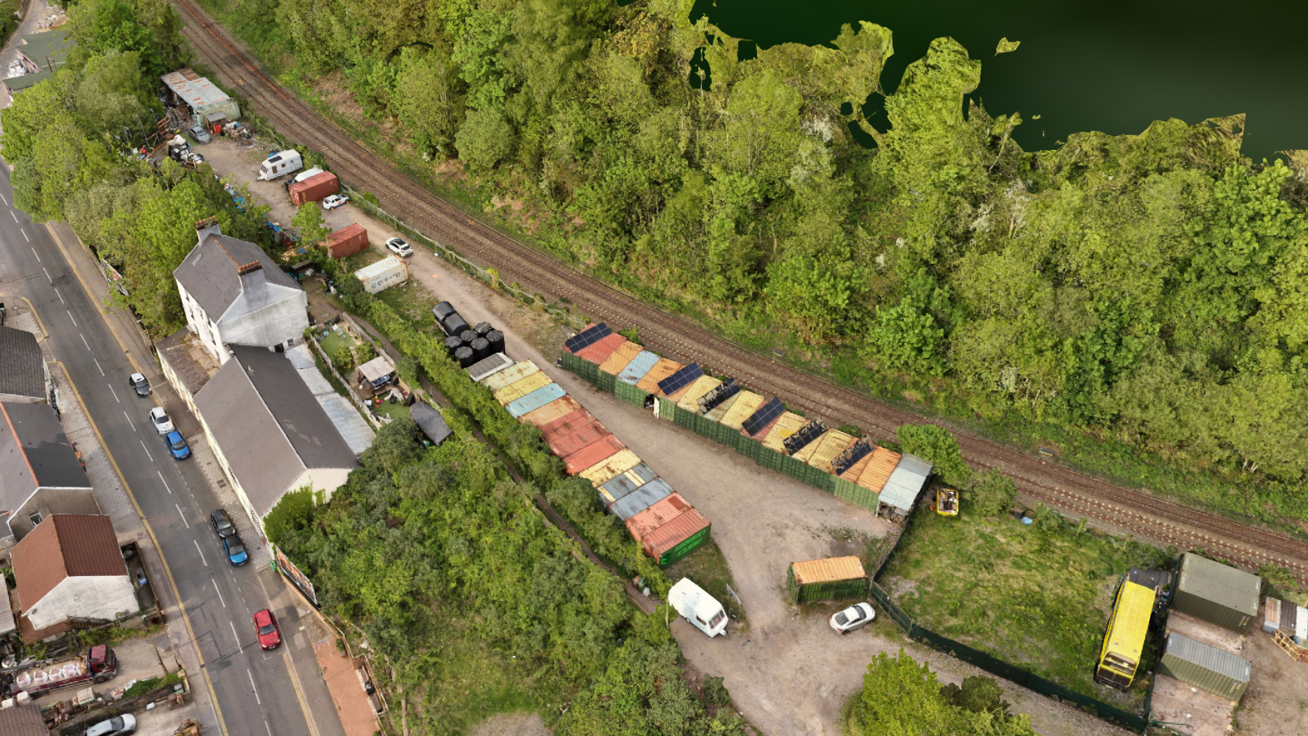 3D aerial model of Greencube Storage site showing terrain and operational layout